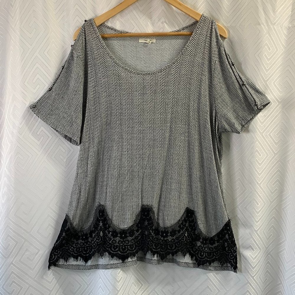 Maurices Black and White Chevron Cold-Shoulder Top with Black Lace Trim